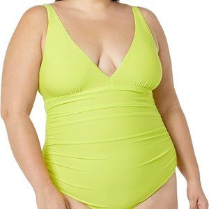 Amazon Essentials Women's Yellow UPF 50+ Plunge Tummy Control Shaping Swimsuit 4